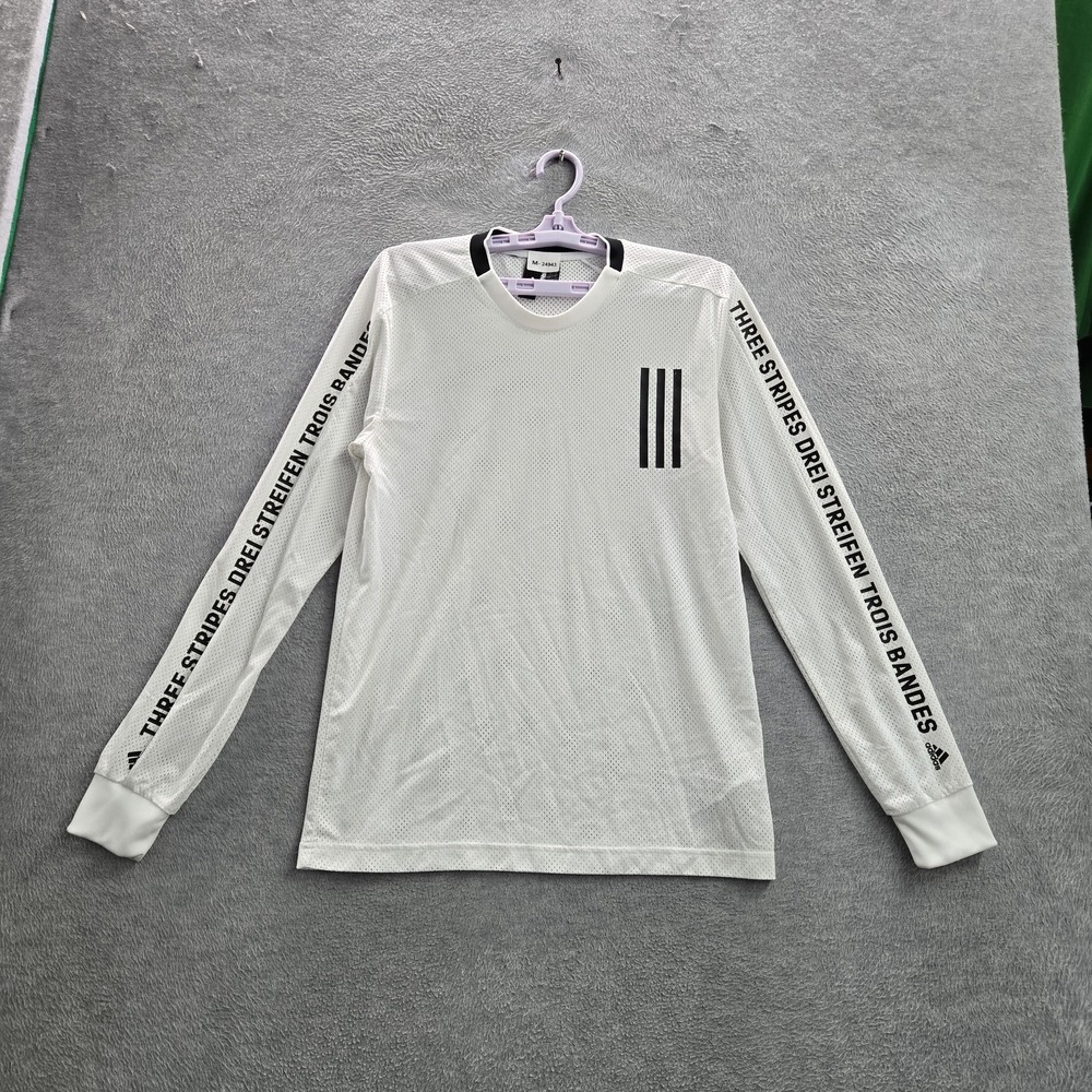 Adidas Men Shirt S White Mesh Sport ID Three Stripes Activewear Logo Long Sleeve